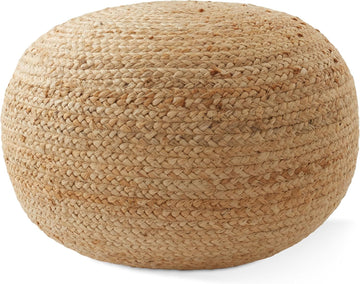 Hand-Braided Jute Pouf Ottoman Footrest, 19" W x 19" D x 10-1/2" H - Round, Natural Woven Boho Floor Cushion, Home Decor