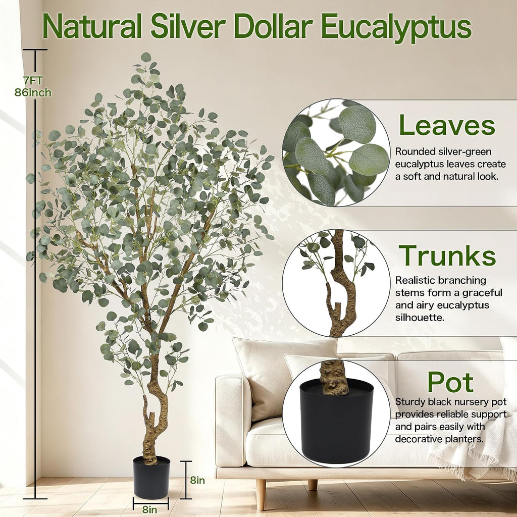7FT Faux Eucalyptus Tree with Realistic Green Silver Dollar Leaves