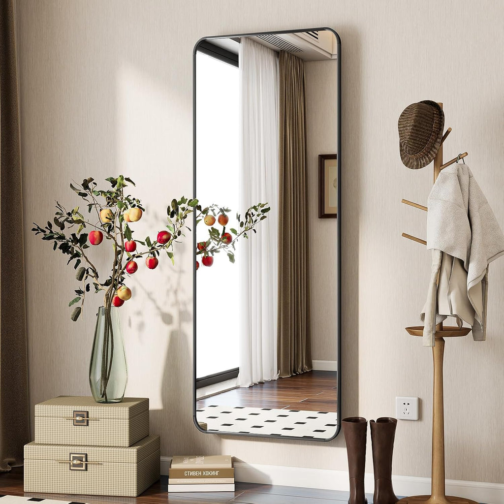 Black Full Length Mirror, 56"x21" Rounded Corner Floor Mirror Standing Hanging or Leaning Against Wall, Suitable or