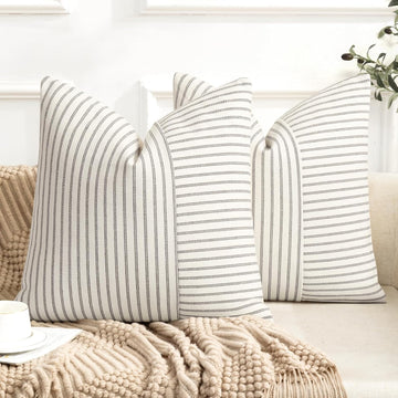 Farmhouse Pillow Covers 18x18, Modern Accent Square Throw Pillow Covers Set of 2, Gray and Beige Striped Patchwork