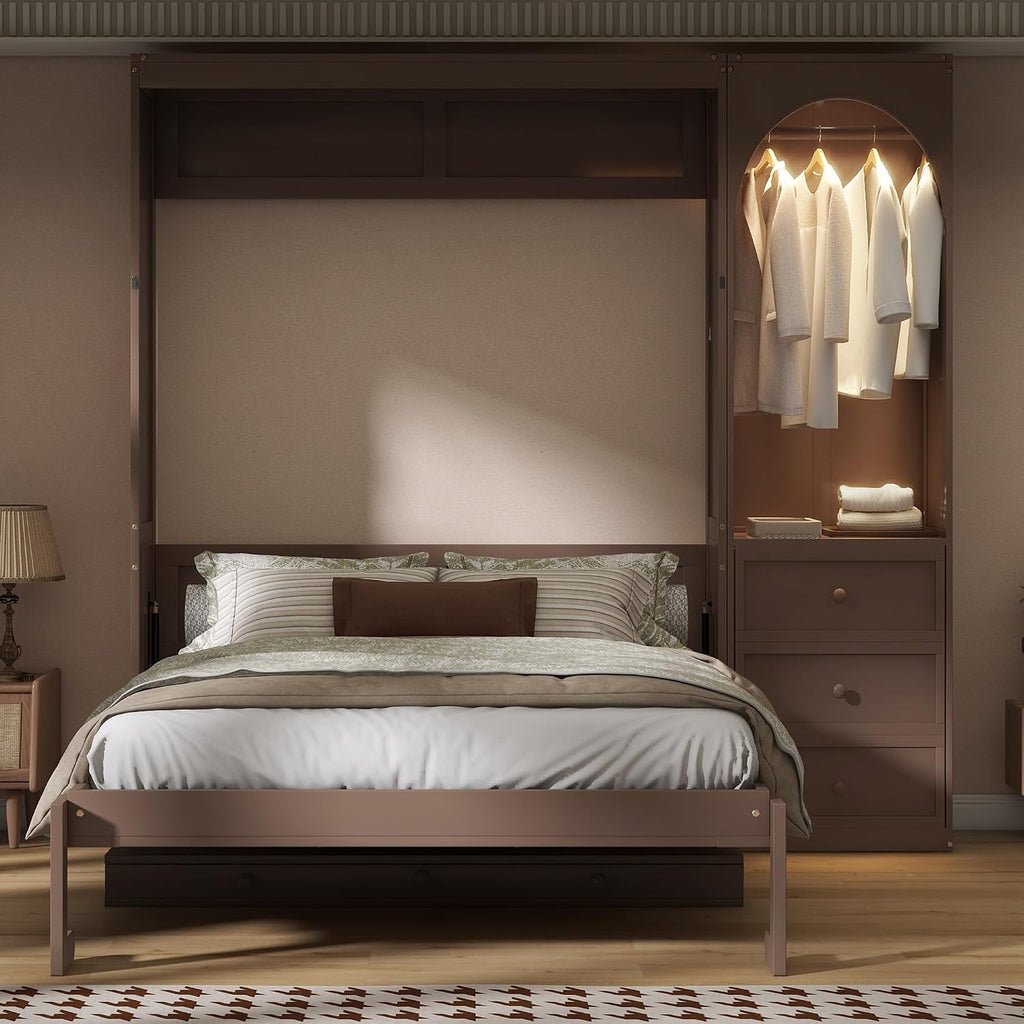 Queen Vertical Murphy Bed with Built-in Led Lighting Wardrobe & Clothes Rod On Side,Drawers & Folding Down Desk with