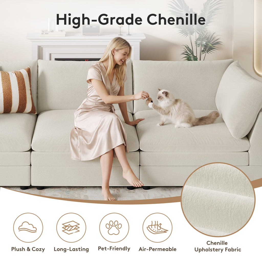 98" Large Cloud Modular Sectional Sofa with Ottoman, Beige Chenille
