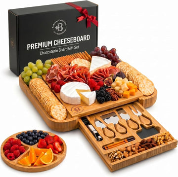 Charcuterie Boards Gift Set, Large Bamboo Cheese Board, Hidden Knife Drawer | Housewarming Gifts New Home, Wedding