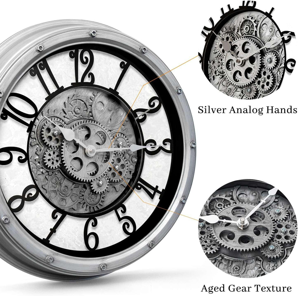 Wall Clock with Moving Gears, Vintage Industrial 16-Inch Silent Non-Ticking Steampunk Timepiece, Retro Frame Analog Battery Operated...