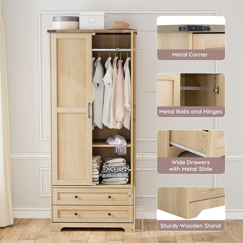 Wooden Armoire Wardrobe Closet with Drawers, Natural, Set of 2 | 4 Modern Doors, Freestanding, with 4 Drawers and