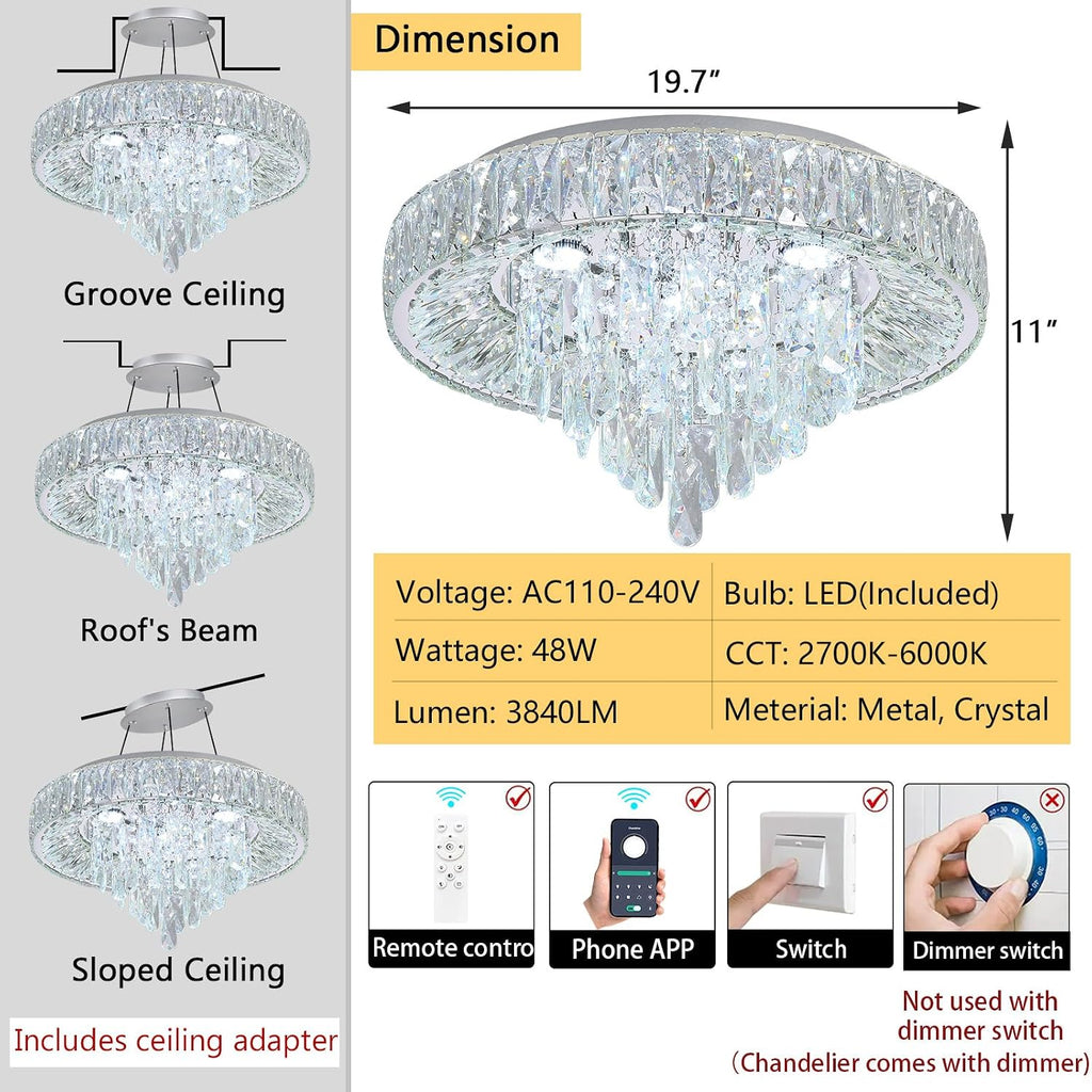Modern Crystal Chandeliers for Dining Room LED Light Fixture Close to Ceiling Chandelier Flush Mount Ceiling Light