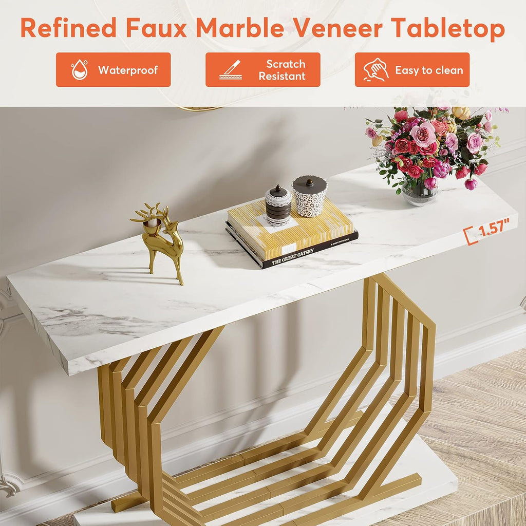 Gold Console Table, Faux Marble Entryway Table Narrow Sofa with Geometric Metal Base, 40 Inch Modern Accent Entrance