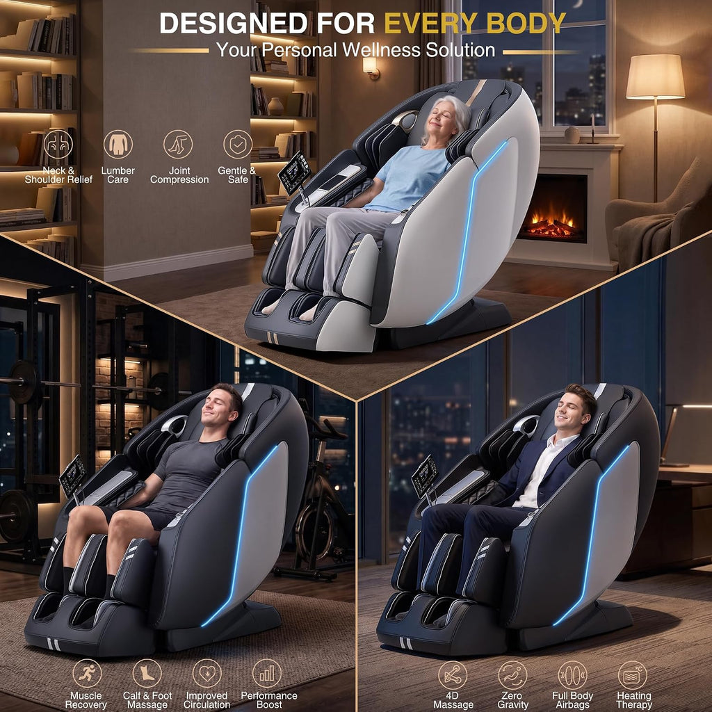 MT398 4D Full Body Massage Chair, 55"SL Track, Zero Gravity, White | Lumber and calf heat, Yoga stretch, 15 modes