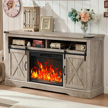 58" Fireplace TV Stand for TV up to 65 Inch with Farmhouse Sliding Barn Doors, Highboy Entertainment Center with