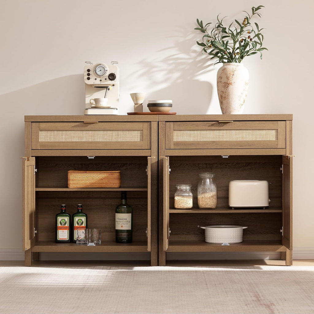 Buffet Cabinet Sideboard with Storage, Rattan Accent Cabinet | 2 Doors, a Drawer, Boho Credenzas Farmhouse Buffet