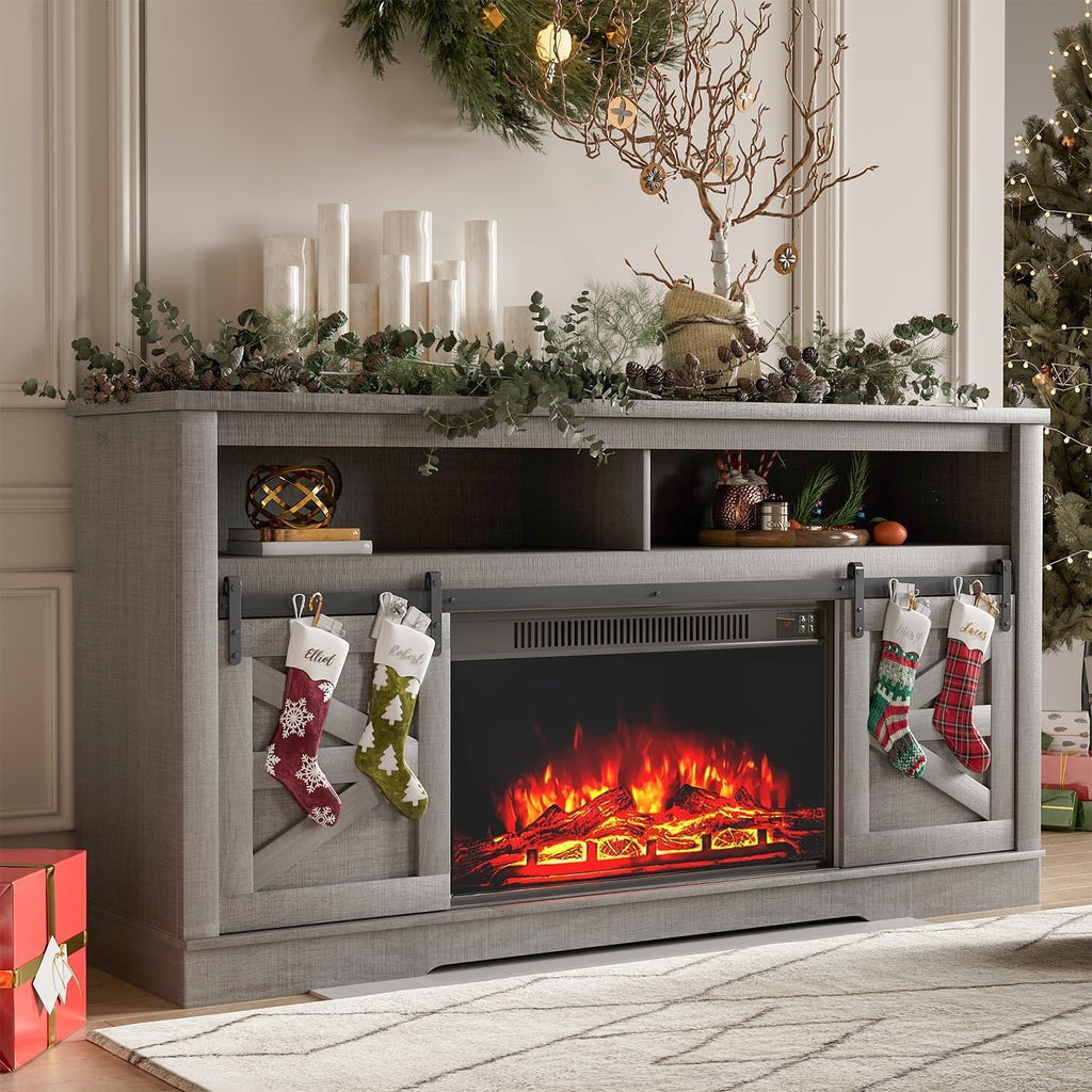 Fireplace TV Stand for Television up to 65+ Inch with Storage and Farmhouse Sliding Barn Doors, Entertainment Center