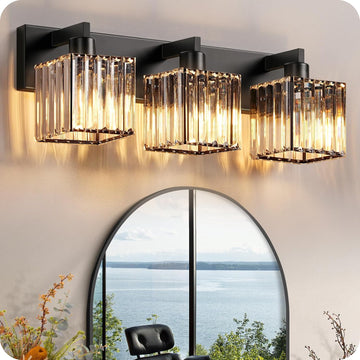 Modern Crystal Vanity Light, 3-Light Bathroom Light Fixture, 22" Square Vanity Lighting Fixture, E26 Base, Bulbs Not
