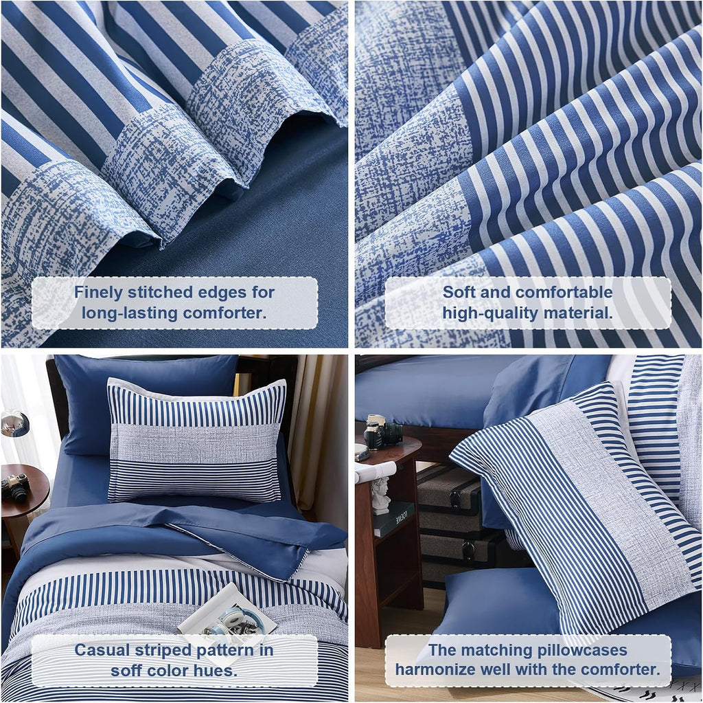 Comforter Navy Blue Striped Comforters for Boys&Girls,5 Pieces Bed in A Bag Simple Neutral-Style Bedding Sets