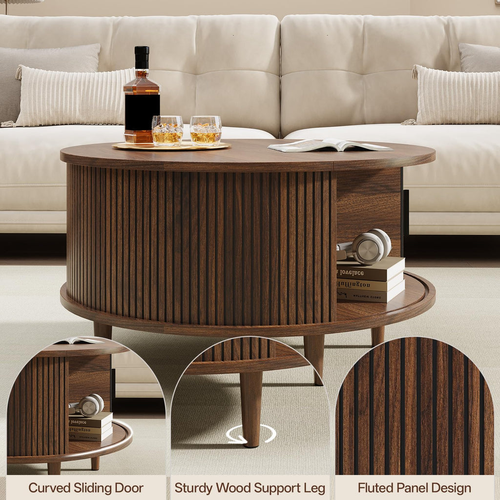 Round Coffee Table with Storage, 31.5", Walnut