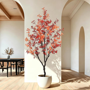Maple Tree 7FT - Large Faux Plant Indoor with Orange Red Leaves & Realistic Trunk, 84" Tall Fake Autumn Maple Tree