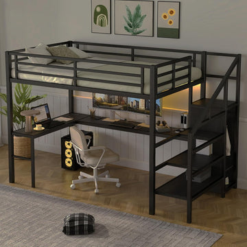 Full Metal Loft Bed with L Shaped Desk and Wardrobe, Heavy Duty Loft Bed Frame with Storage Stairs