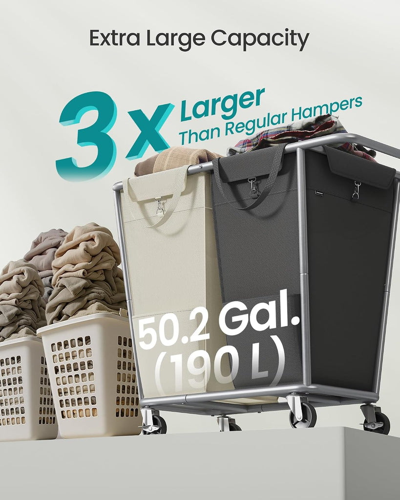 Laundry Basket with Wheels, 2-Section Laundry Sorter, 50.2 Gallons (190 L) Rolling Hamper with Removable Bags