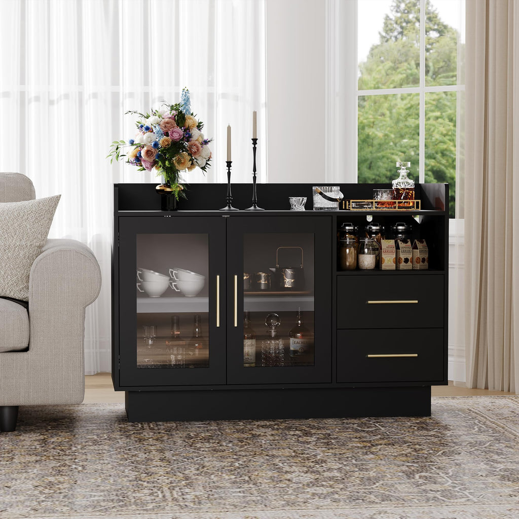 Wine Cabinet - 47.24'' Coffee Bar Station with LED Lights, High-Load-Bearing Capacity Liquor Cabinet with