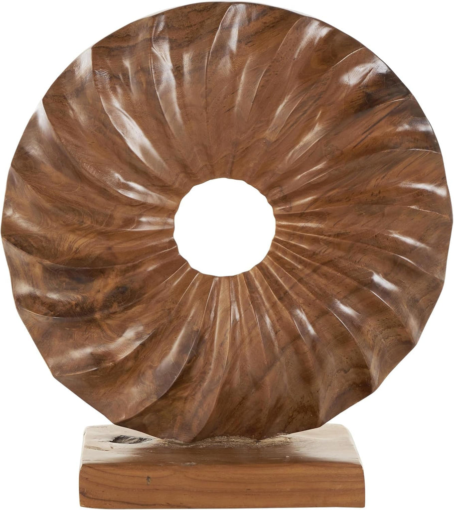 79 Teak Wood Abstract Handmade Decorative Sculpture Dimensional Circular Home Decor Statue with Center Cutout, Accent