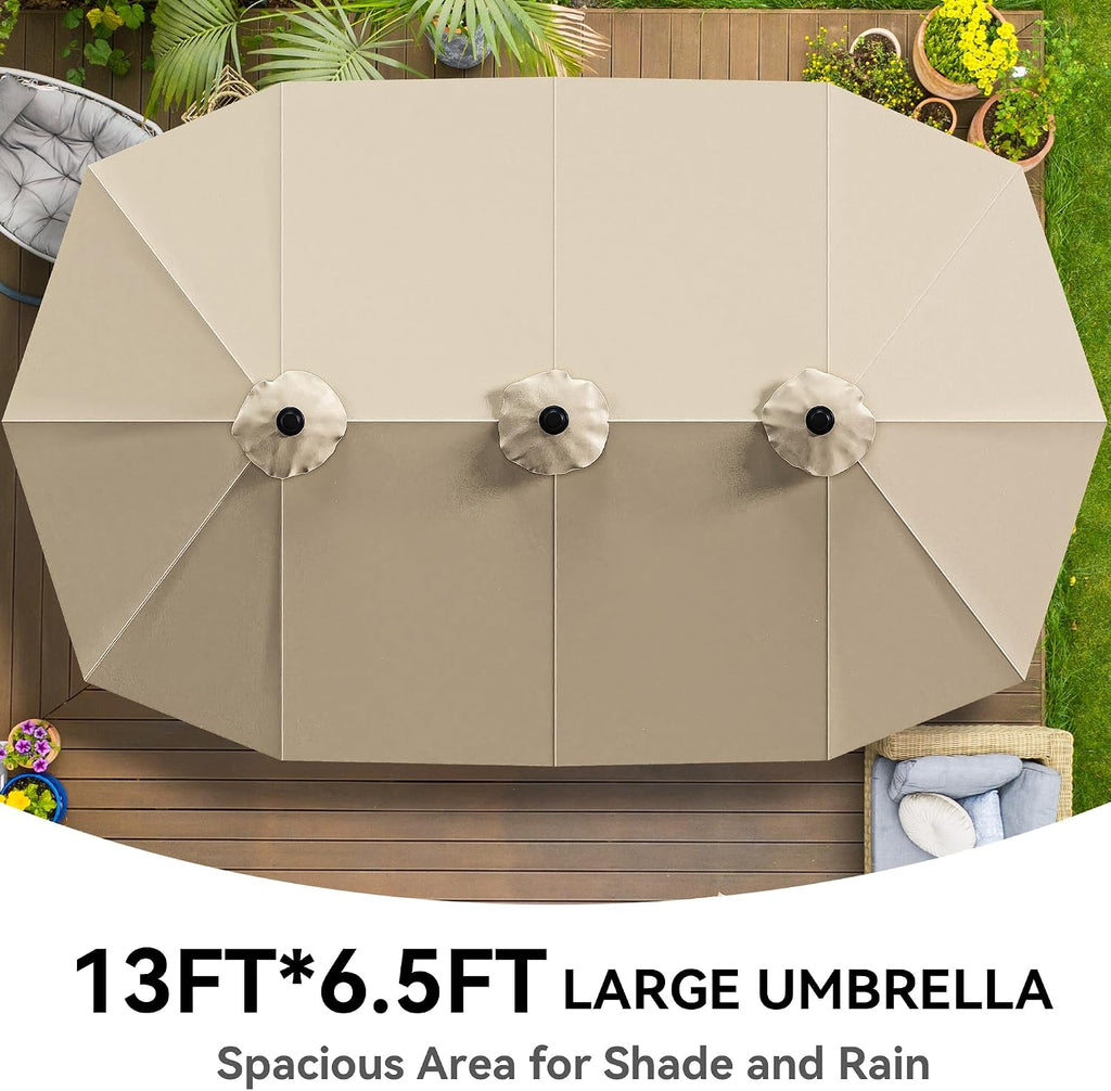 13ft Double-Sided Patio Umbrella with Crank, Waterproof UV Protective Beige Outdoor Umbrella