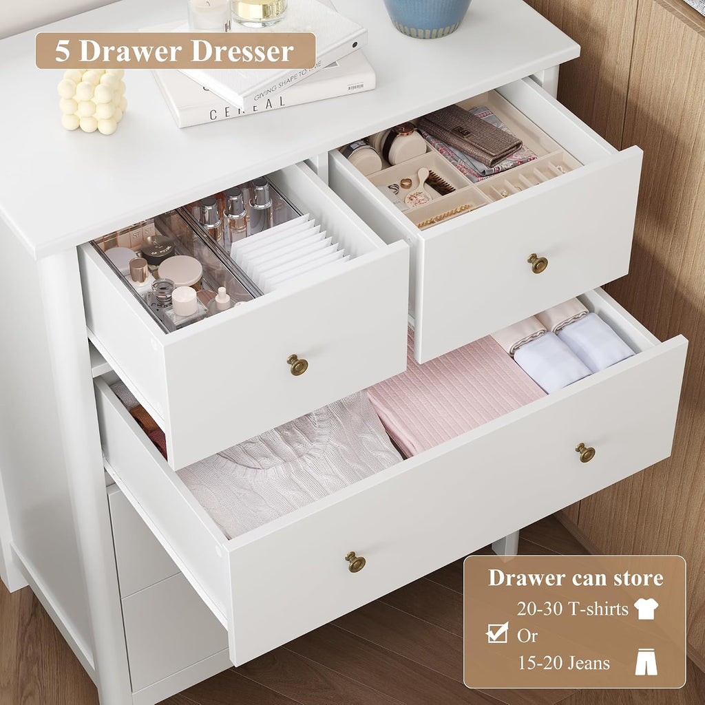 White Dresser with 5 Drawers, Tall Chest of Drawers, 5 Drawer Dresser with Deep Space, Wood Storage Cabinet , White