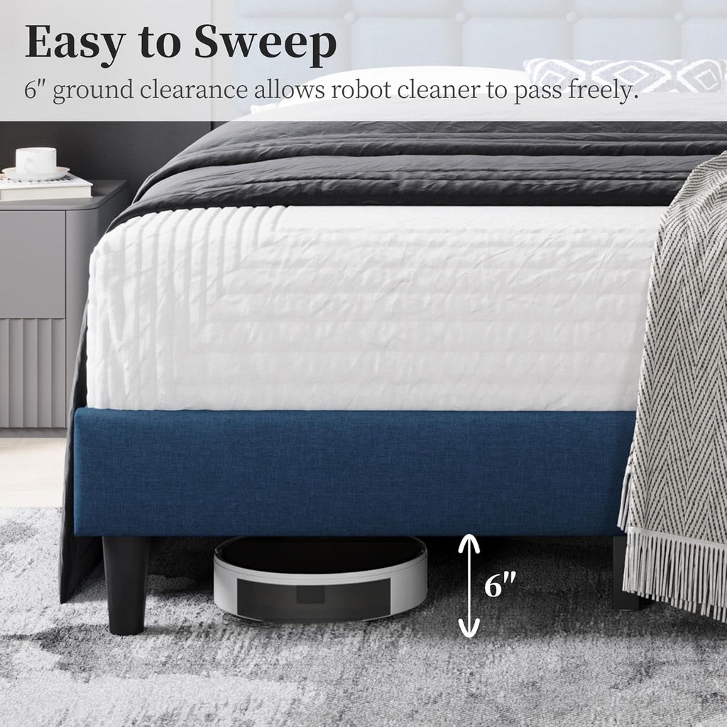 Upholstered Bed Frame, Modern Queen Bed Platform with Square Stitched&Button Tufting Headboard Height Adjustable