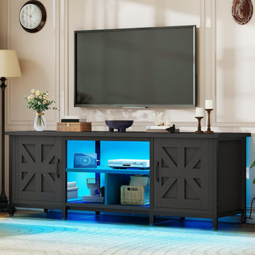 TV Stand with LED Lights & Charging Station, Farmhouse Entertainment Center with Storage Cabinets & Shelves