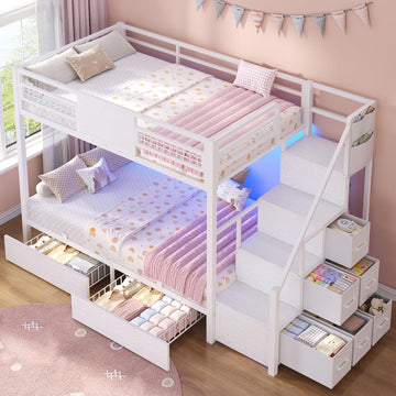 Bunk Bed Twin Over Twin with Stairs, LED Lights Twin Bunk Bed with 2 Storage Drawers & 6 Fabric Drawers