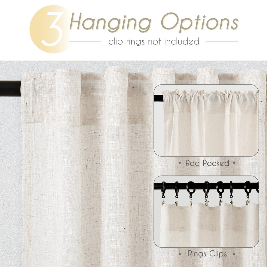 2 Panels Set Cream Linen Curtains 108 Inches Long Neutral Rustic Farmhouse Light Filtering Semi Sheer Linen Drapes