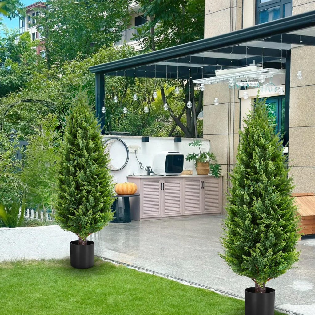 4ft Artificial Cedar Topiary Tree 2-Pack with Pots, UV Resistant Outdoor