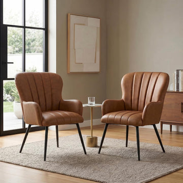 Leather Accent Chair of 2 | Modern Brown High Back Wingback Vintage Extra-wide Seat Armchair Leisure Area Home Office