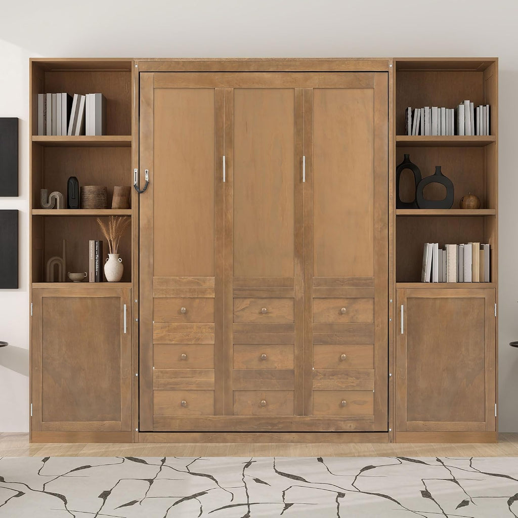 Queen Murphy Bed with Storage, Solid Wood Hidden Wall Bed Frame with Cabinets, Farmhouse Murphy Bed Fame, Can Be