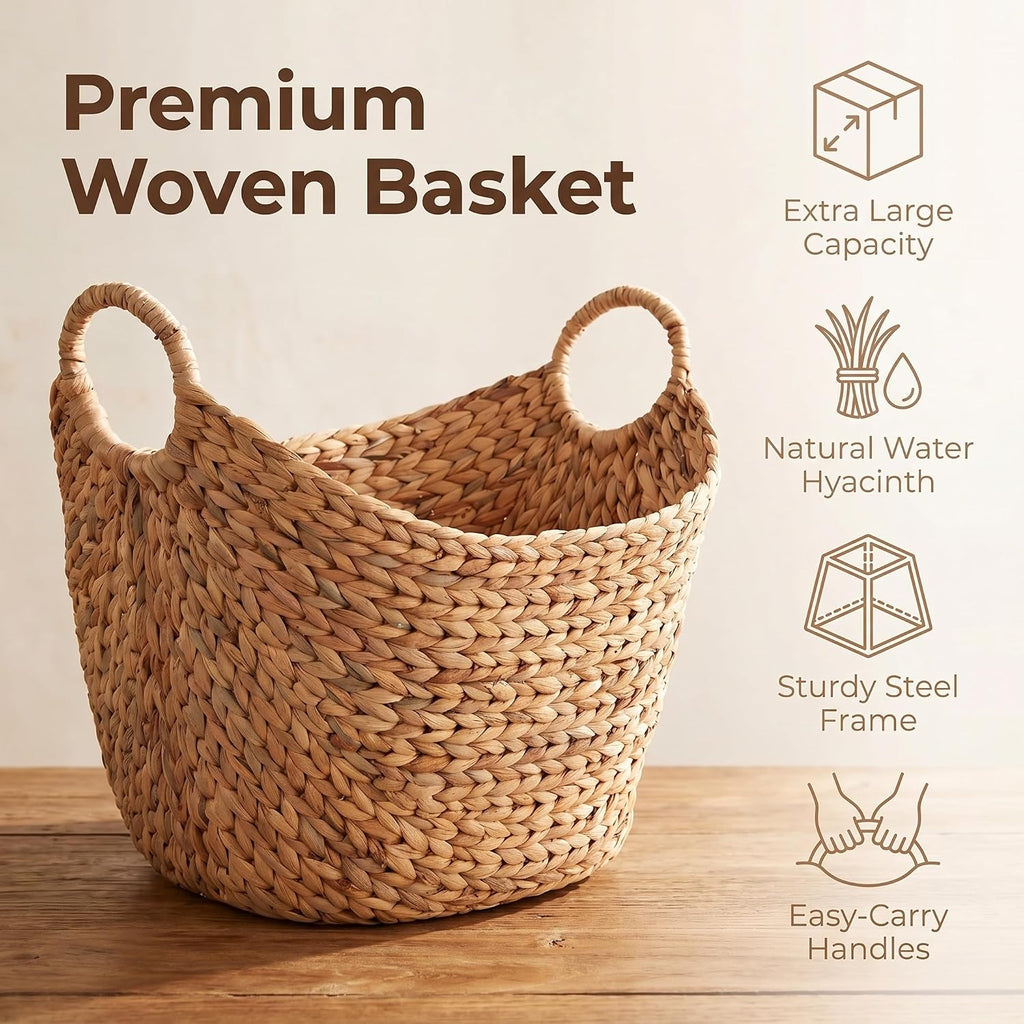 Extra Large Water Hyacinth Woven Storage Basket - Boat-Shaped with Handles & Steel Frame, Natural Decorative Bin for