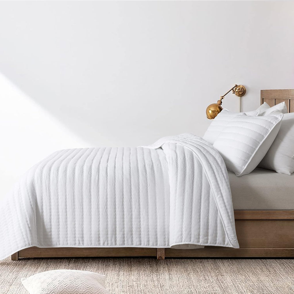 White Quilt Bedding Sets with Pillow Shams, Lightweight Soft Bedspread Coverlet, Quilted Blanket Thin