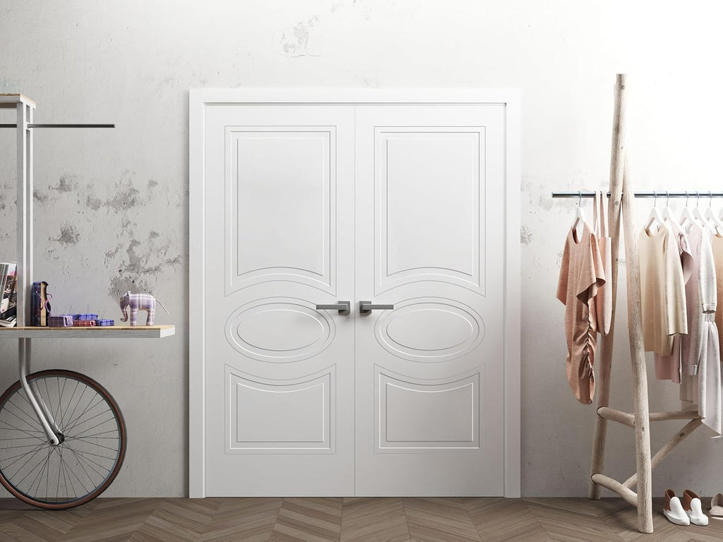 Mela 7001 | Double Swing Interior French Doors with Glass, MDF, Hardware Included, 48x80, White, Cla