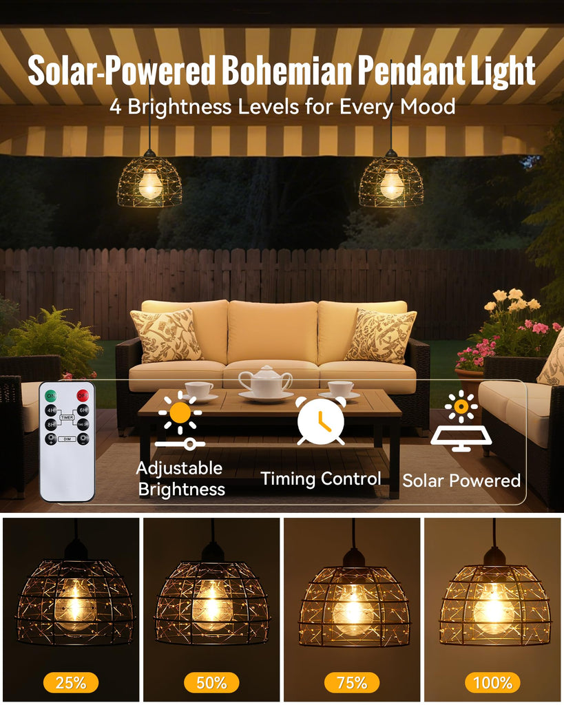 Solar Pendant Light Indoor Outdoor 4/6/8H Timer Set of 2 Remote