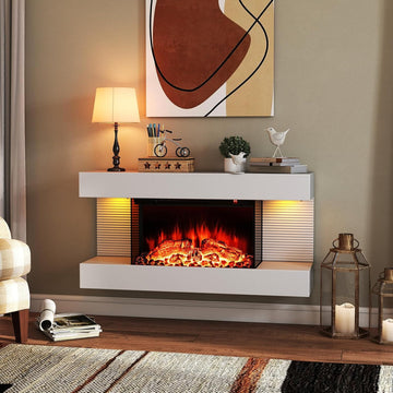 18-Inch Wall Mount Electric Fireplace with 32-Inch Floating Mantel, Remote, 3 Sided Electric Fireplace