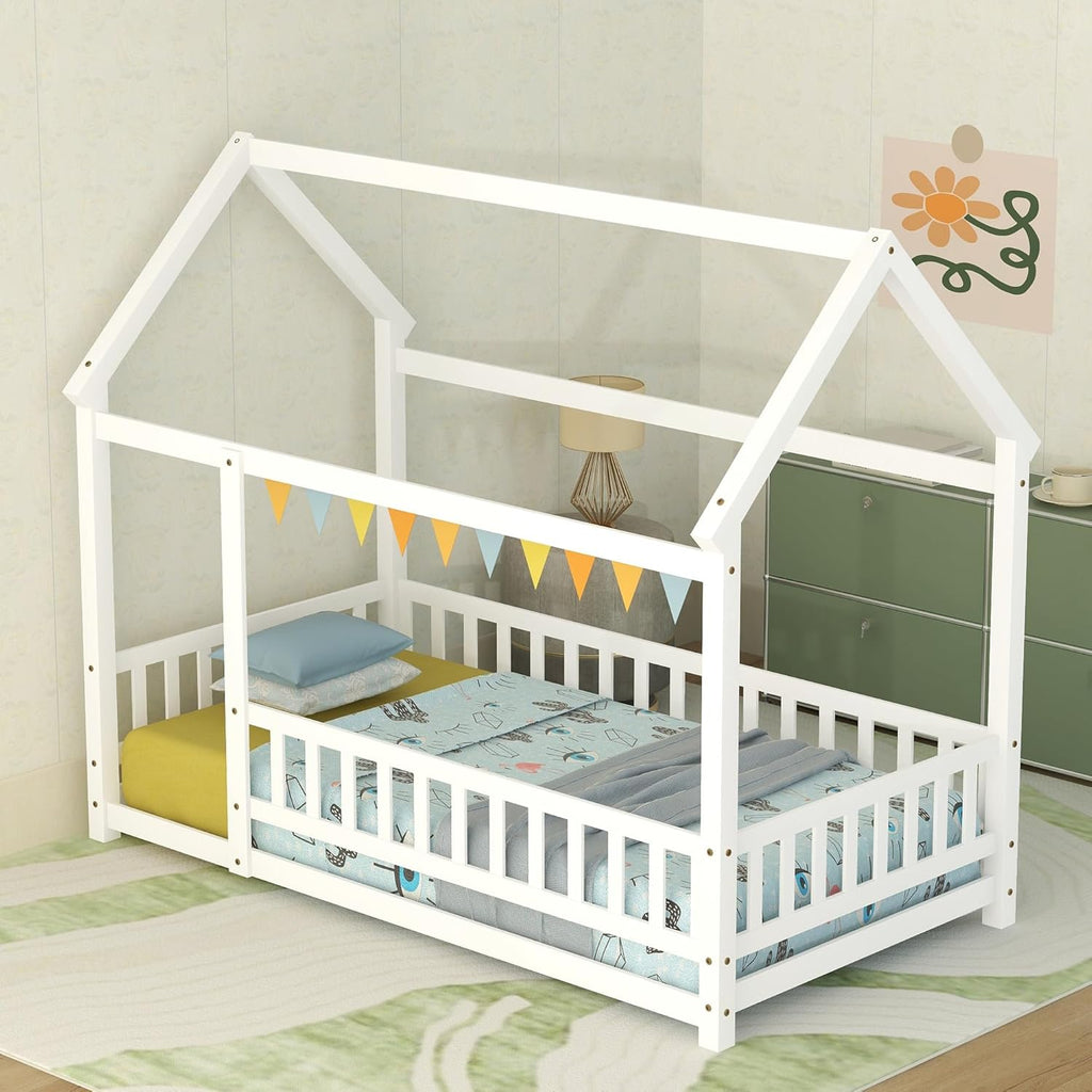 Twin Size House Floor Bed,Wooden Montessori Bed with Fence and Roof for Kids,Twin Bed Frame for Boys,Girls(Twin,White)