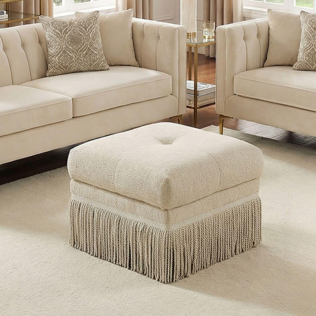 Upholstered Ottoman Footstool with Fringe Skirt, 21.5" Square