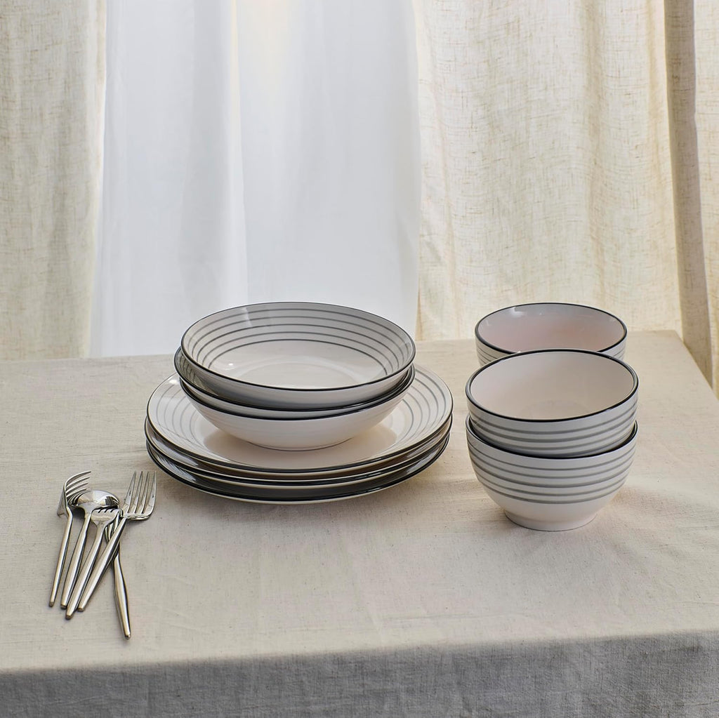 Zeke 12-Piece Dinnerware Set Earthenware, Plates and Bowls Set, Dishwasher and Microwave Safe Dishes, Dish Set for 4