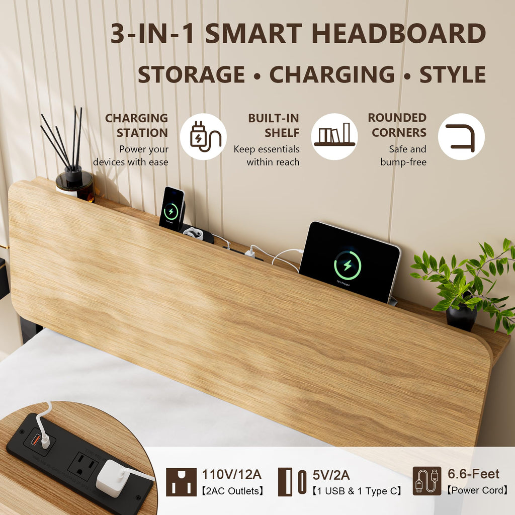 Queen Floating Wooden Bed Frame with LED Lights, Extra-Wide Side Rails & Charging Station, Queen Bed Frame with Storage