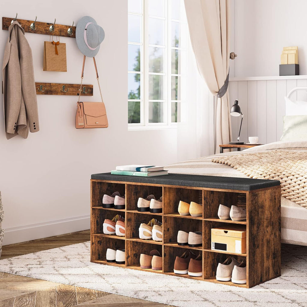 Shoe Storage Bench with Cushion, 39.4" L Entryway Bench with 12 Cubbies, Entryway Hall Tree with Storage, Shoe