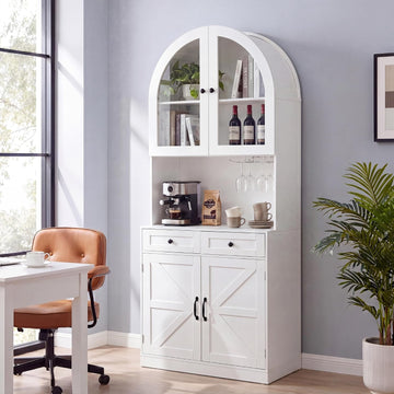 75" Arched Kitchen Pantry Cabinet with Charging Station, White