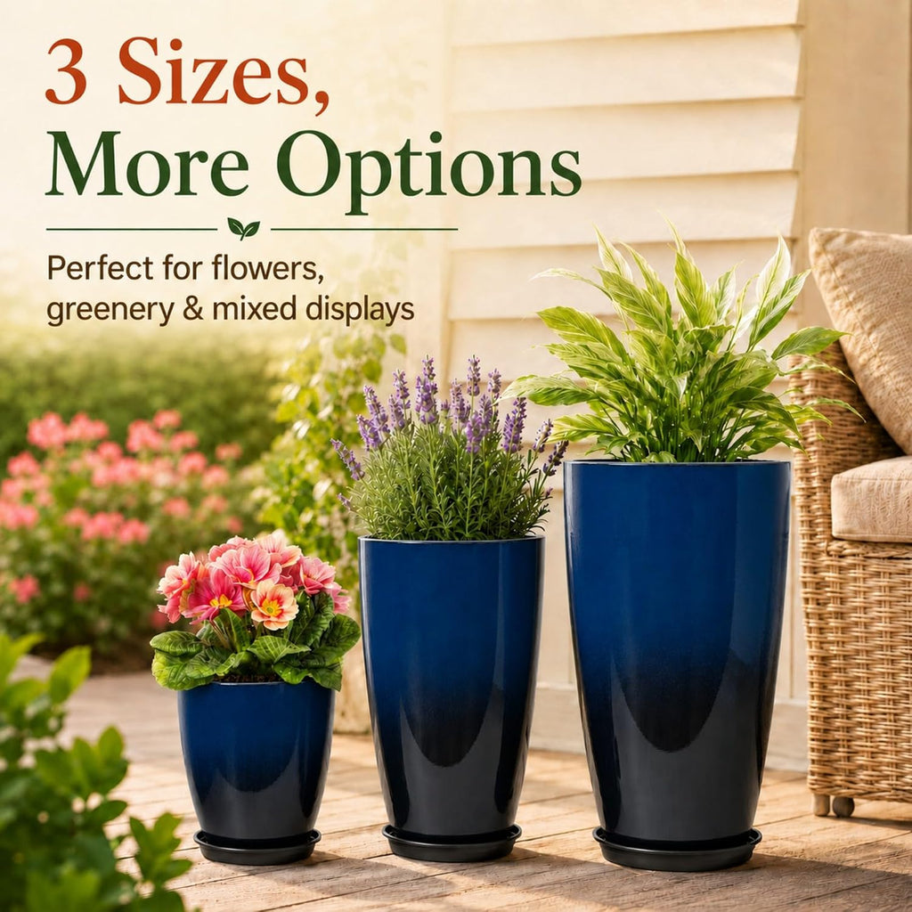 Set of 3 Tall Planter, 24/21/12in Large Planter, Dark Blue | Ceramic-Look, Lightweight, Built-in Drain Hole, Saucers