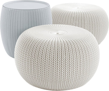 Urban Knit Pouf Ottoman Set of 2 with Storage Table and Room Décor - Perfect for Balcony, Deck, and Outdoor Seating