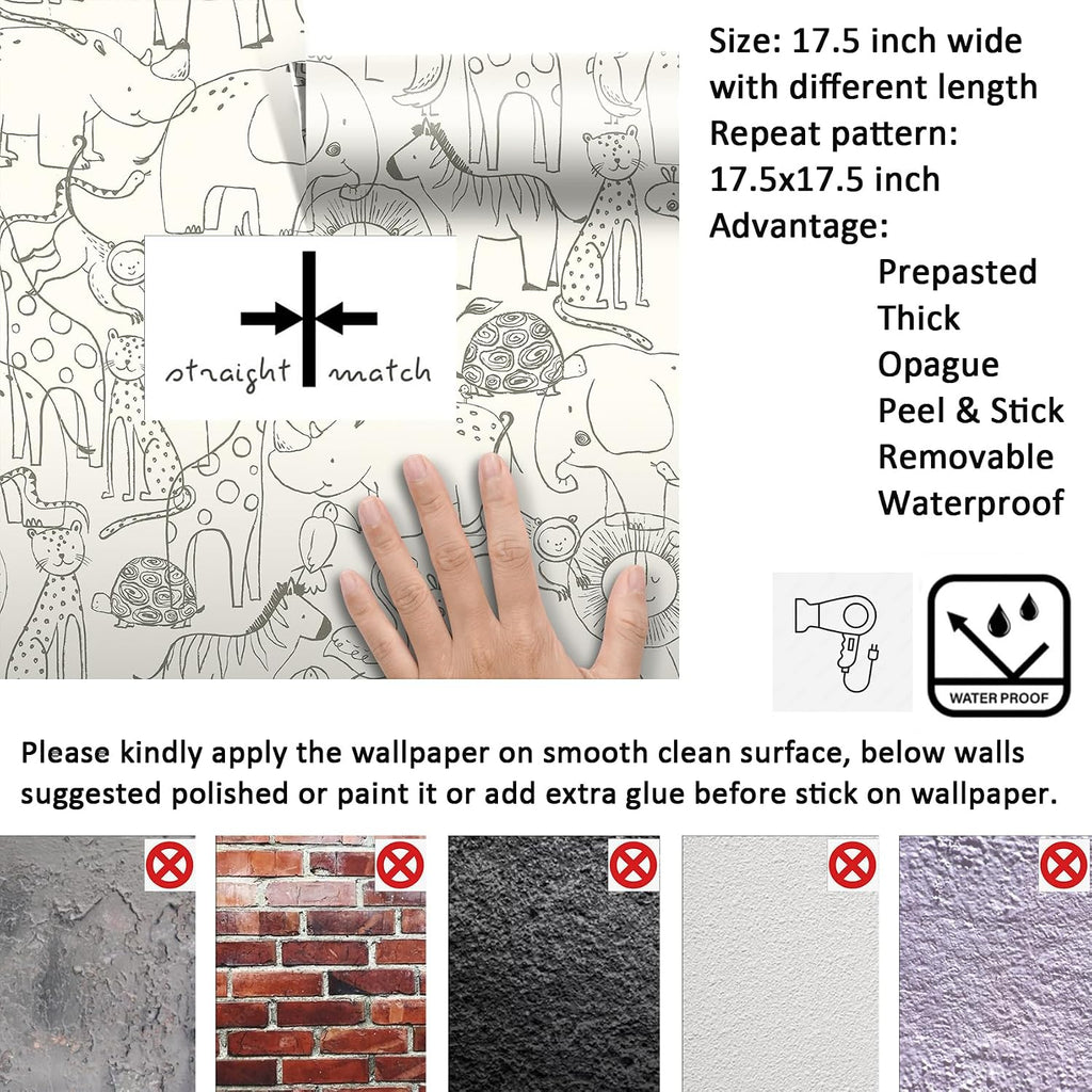 17.5x276 Neutral Animal Peel and Stick Wallpaper Fun Kids Wallpaper Playroom Accent Wall Covering Baby Girl Nursery