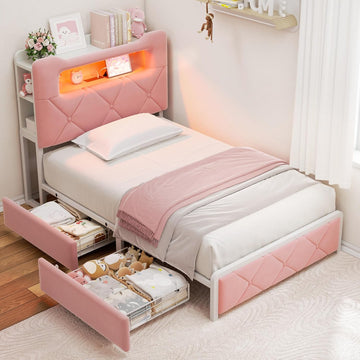 Twin Upholstered LED Bed Frame with 2 Storage Drawers and 2-Tier Storage Bookcase Headboard, Velvet Princess Platform