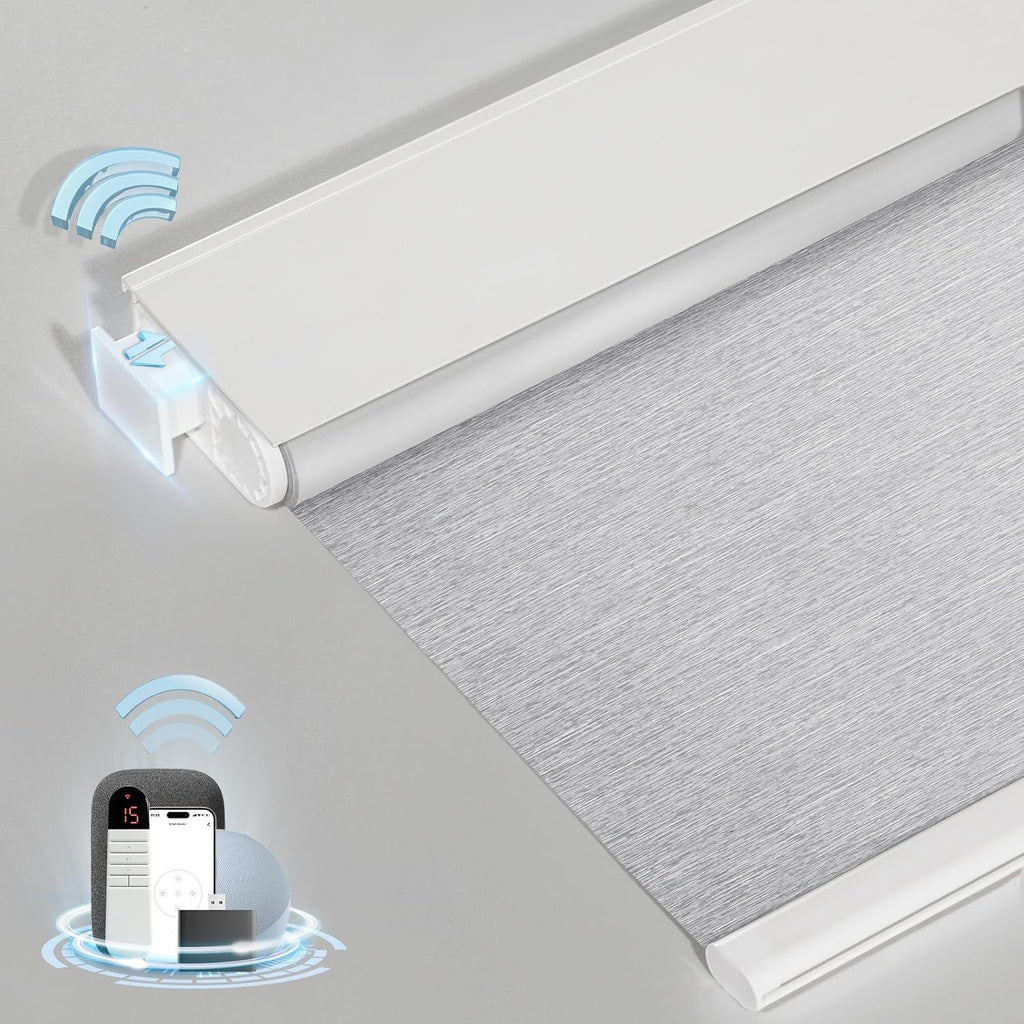 No-Drill Motorized Blackout Blinds with Remote, White, 34" x - Grey