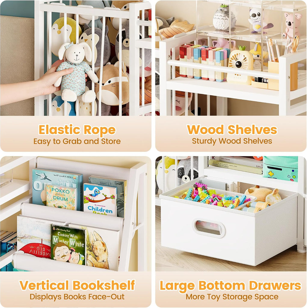 Kids Bookshelf and Toy Storage Organizer with Drawers, 49.3"W×11.8"Dx30.3"H | 3-Tier Book Shelves, 2 Drawers, Stuffed