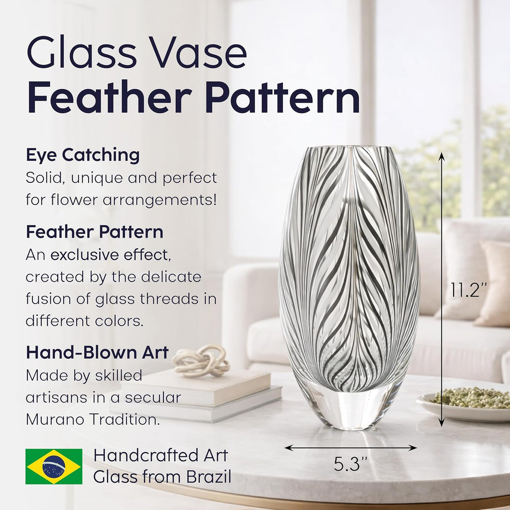 Murano Style Glass Vase Hand Blown Black and White Feather Pattern Effect | Hand Blown Glass Vase, Decorative Table